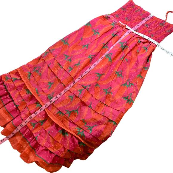 Farm Rio Red Pepper Smocked Tie Ruffle Hem Beaded Strap Dress Red Small - Picture 13 of 14